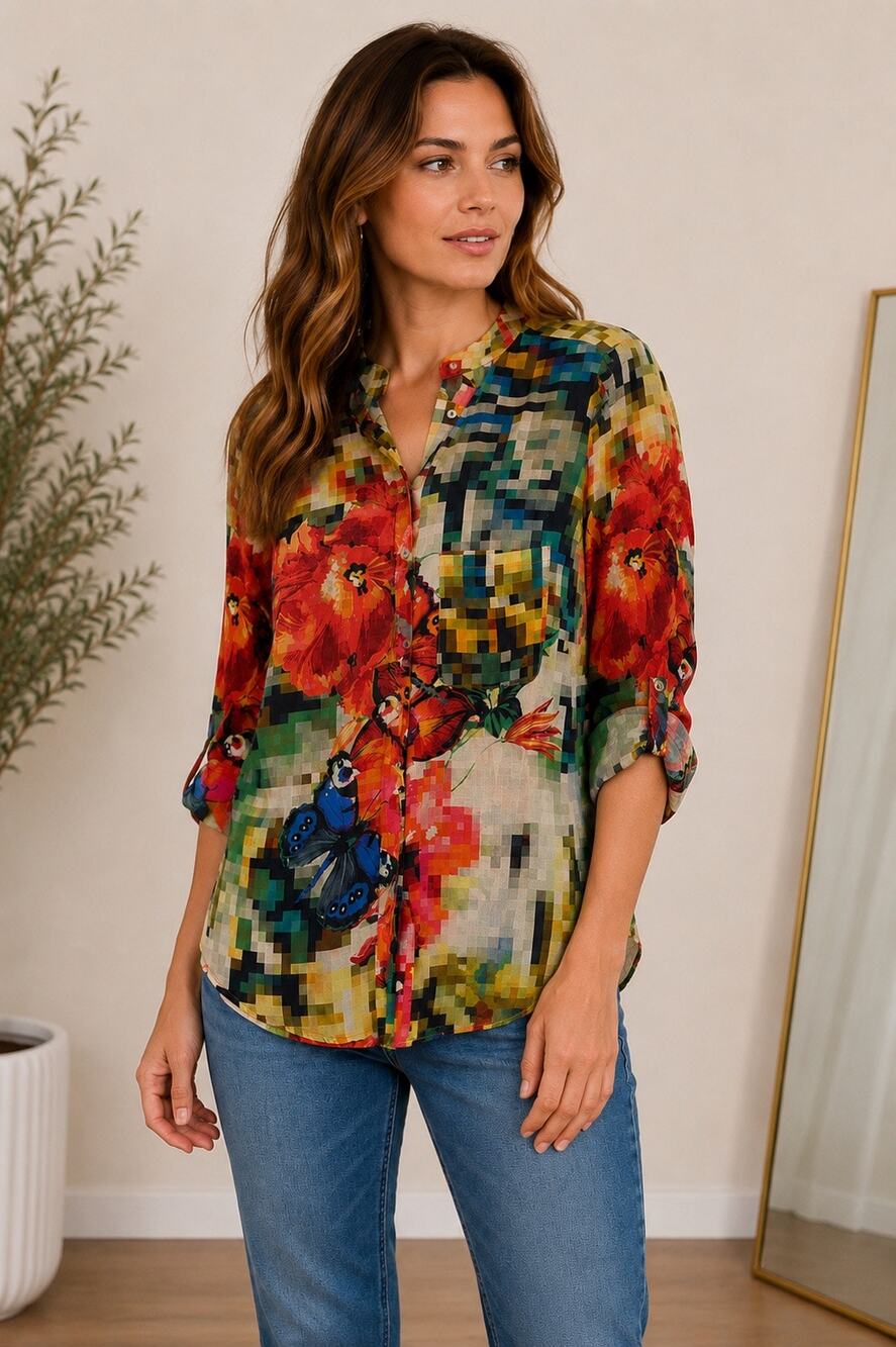Desigual Abstract Floral Butterfly Modal Blouse Button Front Top